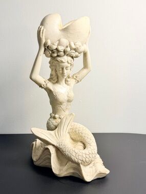Mermaid Resin Statue with Antiqued Cream Finish